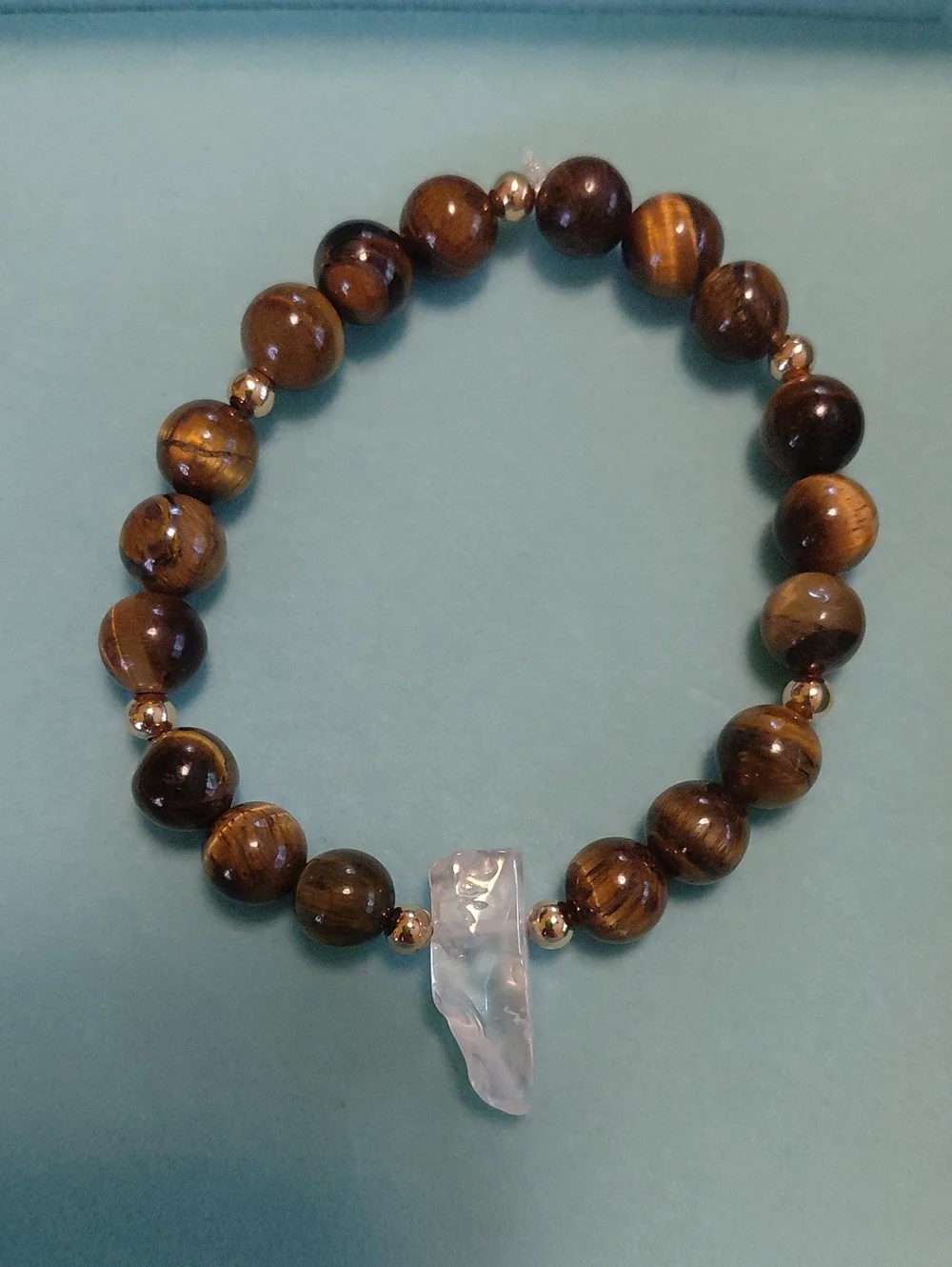 Tiger Eye Beaded Stretch Bracelet with Clear Aura Quartz